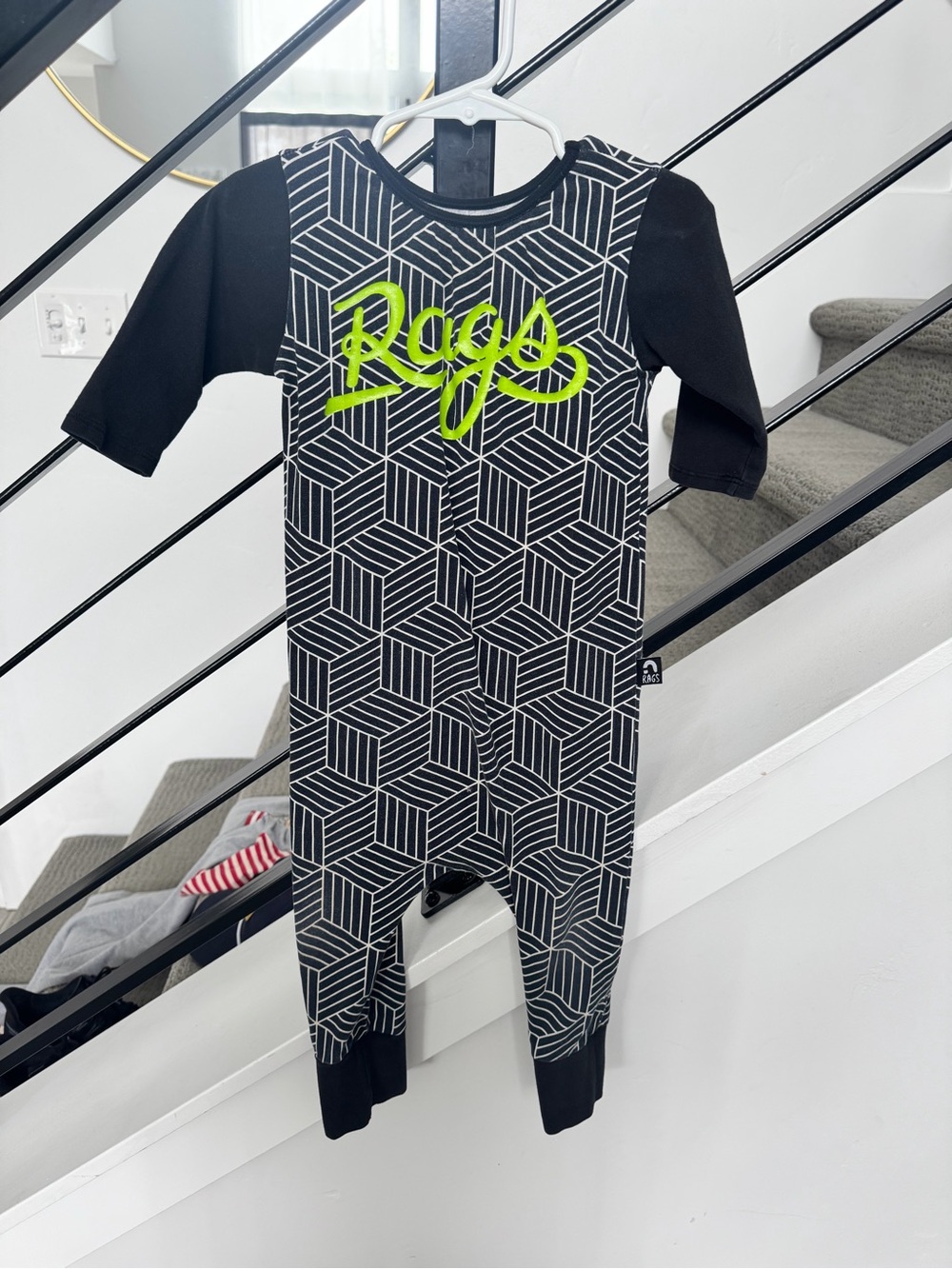 Rags Kids Black Geometric One-Piece with Neon Green Script